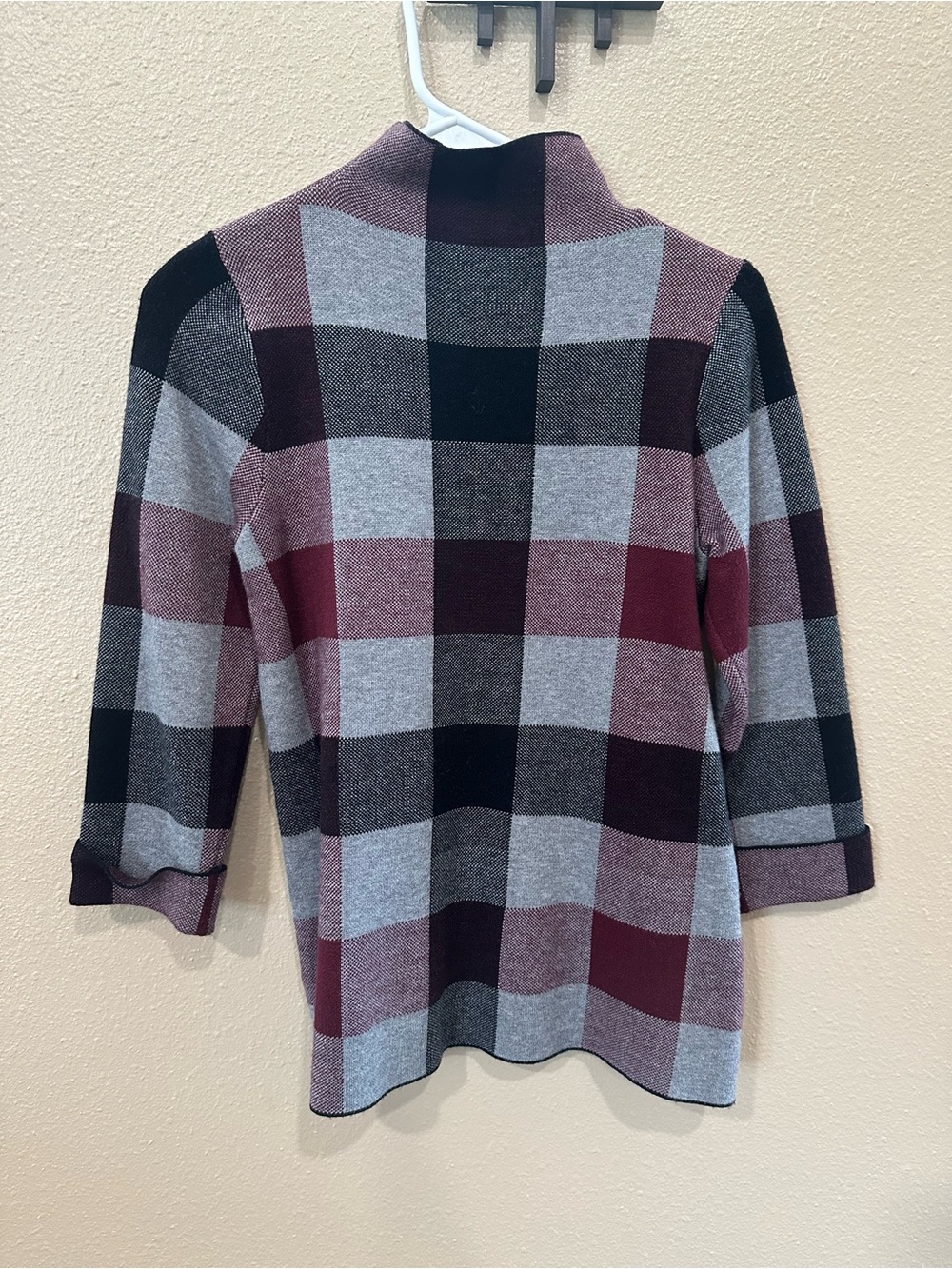 Tahari Plaid Mock Neck Women's Sweater in Burgundy and Gray